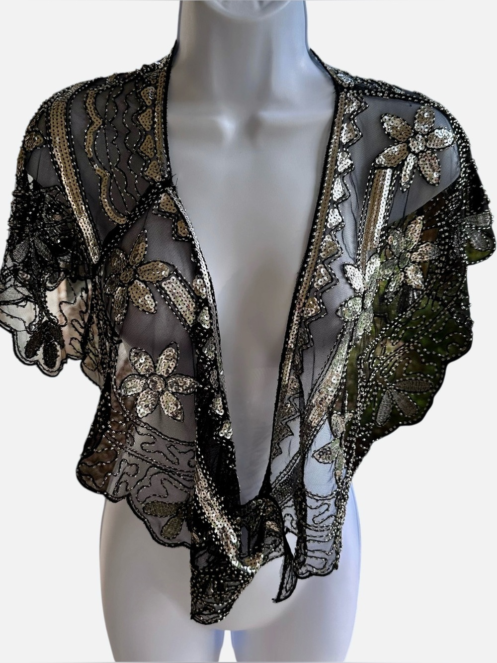 Vintage Black Sheer Beaded Sequin Floral Shrug / Shawl / Top